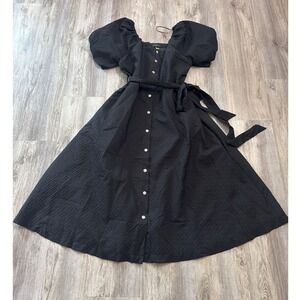 Freemarket Black Textured Puff Sleeve Midi Dress 2X Rhinestone Button Belted NWT